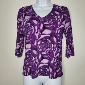 Vintage y2k 90s purple grunge flower print 3/4 sleeve artsy top size small